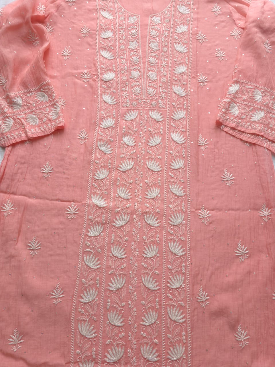 Peachish Pink Semi stitched Kurta dupatta set with chikankari and Embellishments