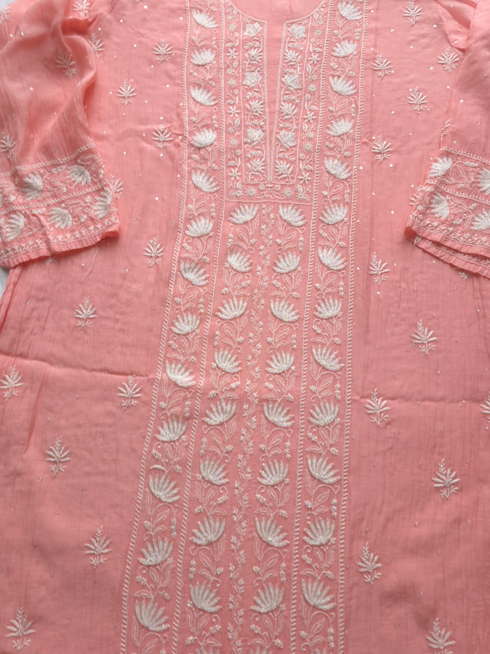 Peachish Pink Semi stitched Kurta dupatta set with chikankari and Embellishments