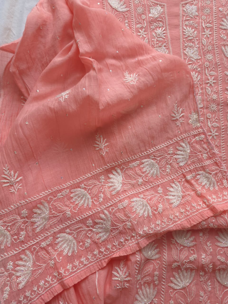 Peachish Pink Semi stitched Kurta dupatta set with chikankari and Embellishments