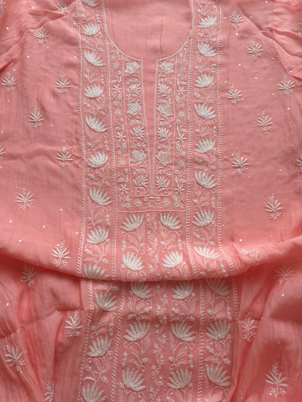 Peachish Pink Semi stitched Kurta dupatta set with chikankari and Embellishments