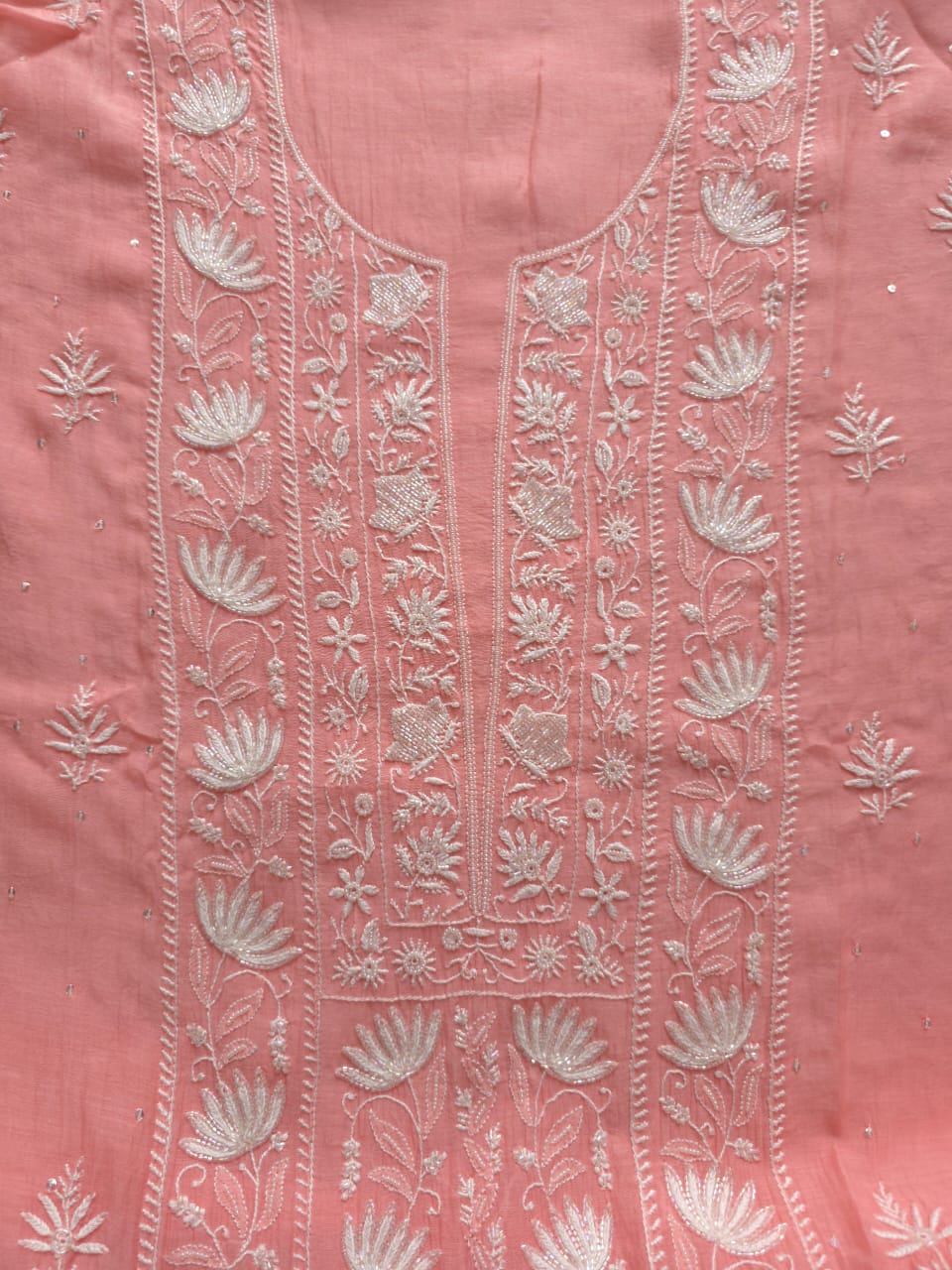 Peachish Pink Semi stitched Kurta dupatta set with chikankari and Embellishments