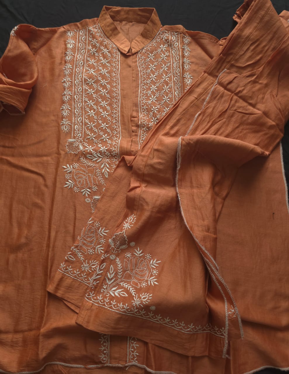 Soft Chanderi Silk semistithced co ord set with fine chikankari only