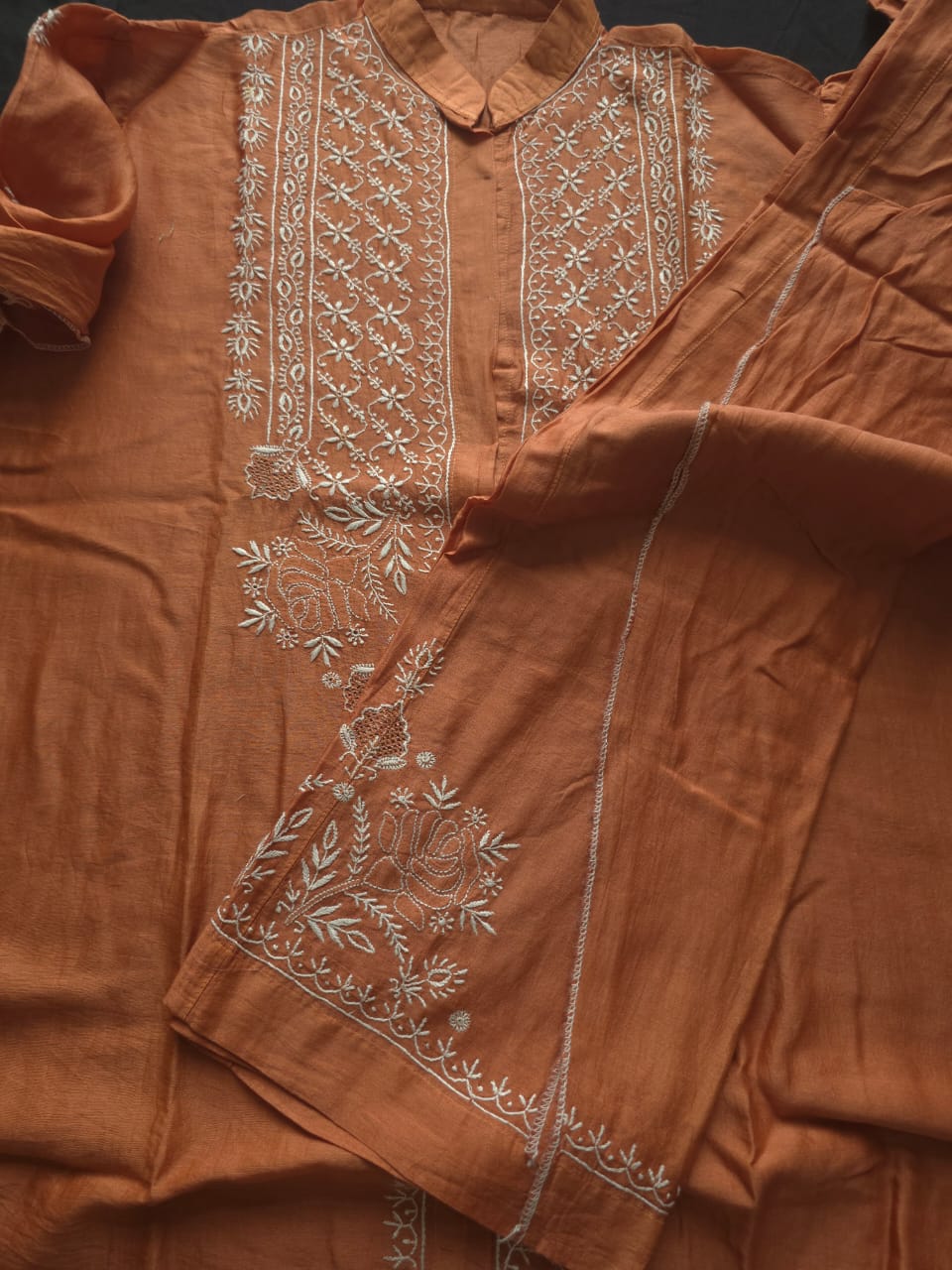 Soft Chanderi Silk semistithced co ord set with fine chikankari only