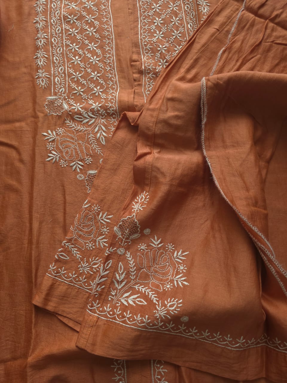 Soft Chanderi Silk semistithced co ord set with fine chikankari only