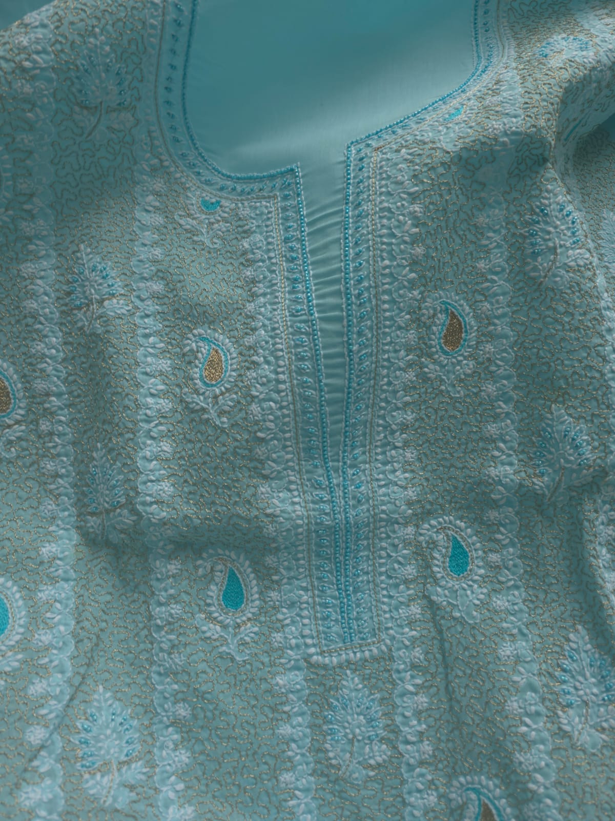 Sky Blue cotton unstitched full suit with chikankari and aari work