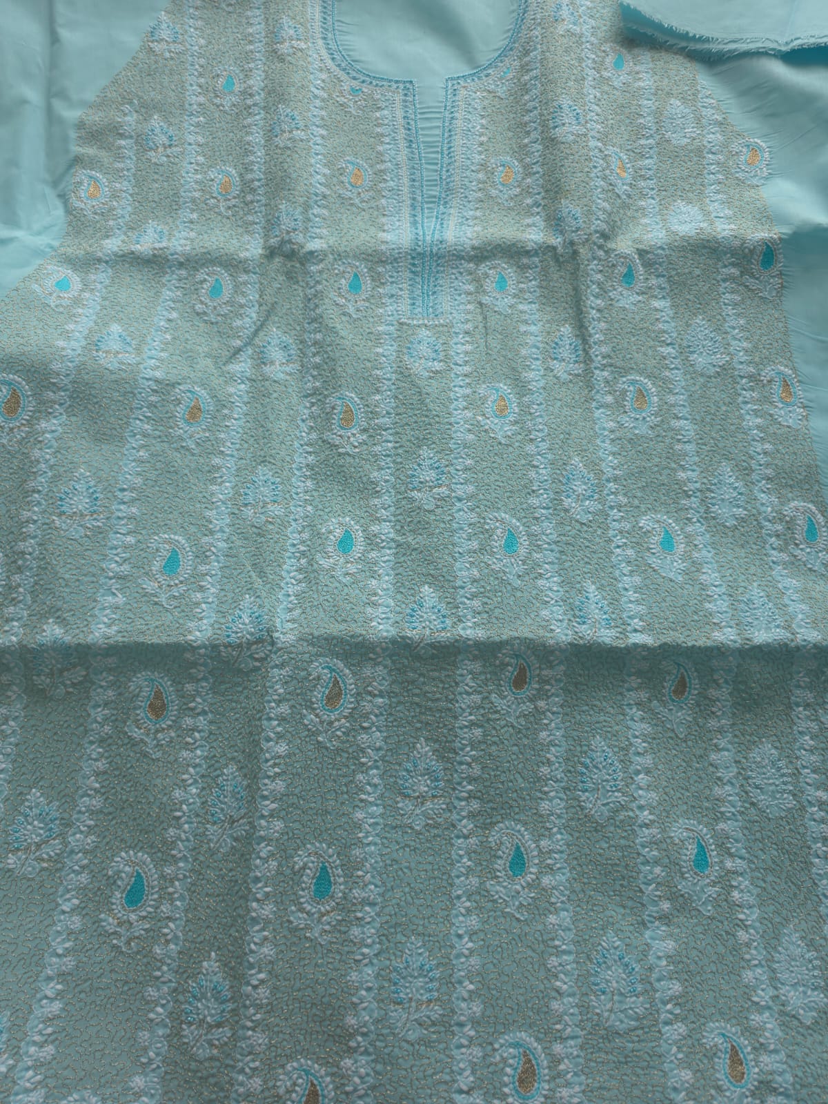 Sky Blue cotton unstitched full suit with chikankari and aari work