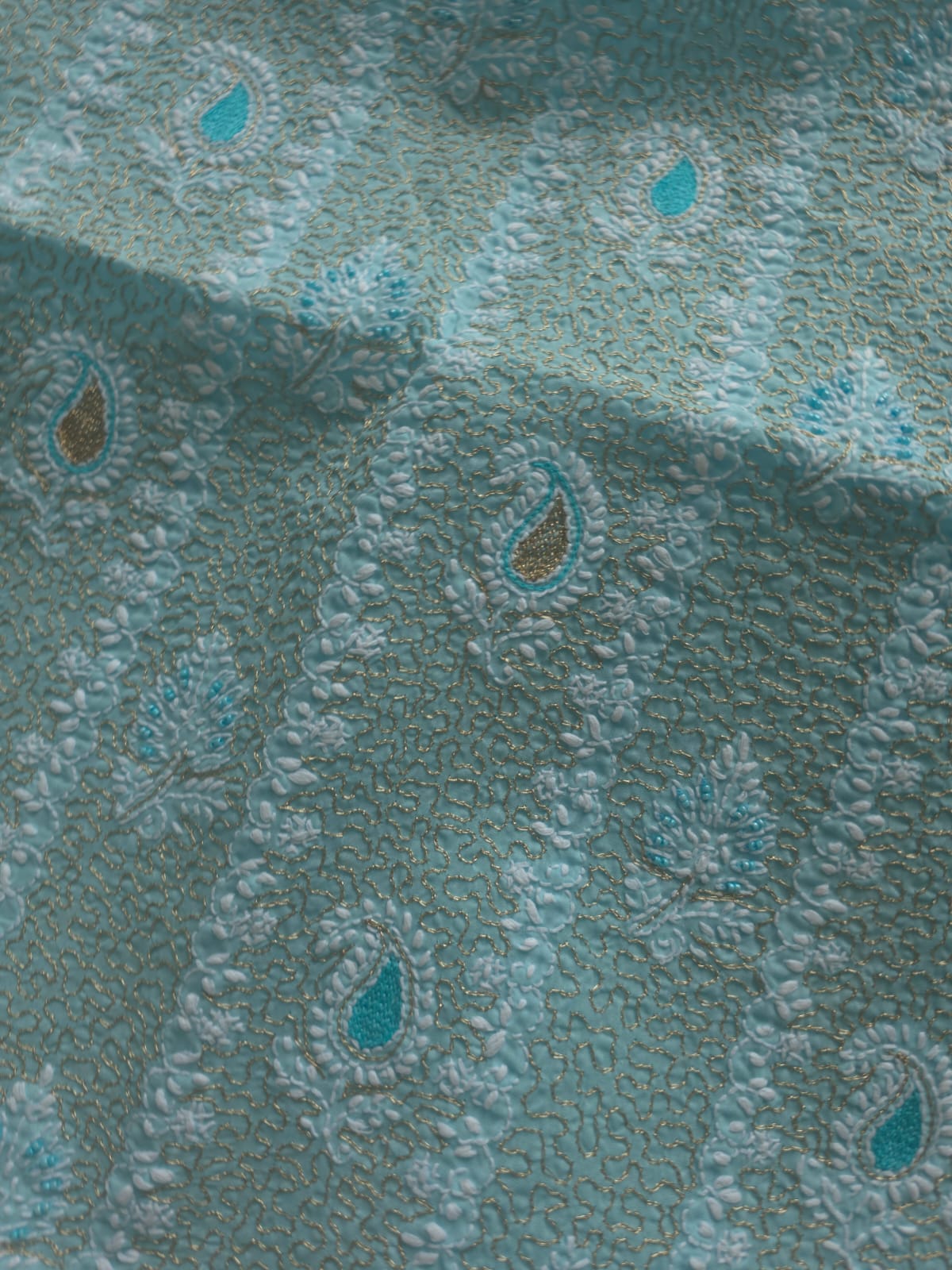 Sky Blue cotton unstitched full suit with chikankari and aari work