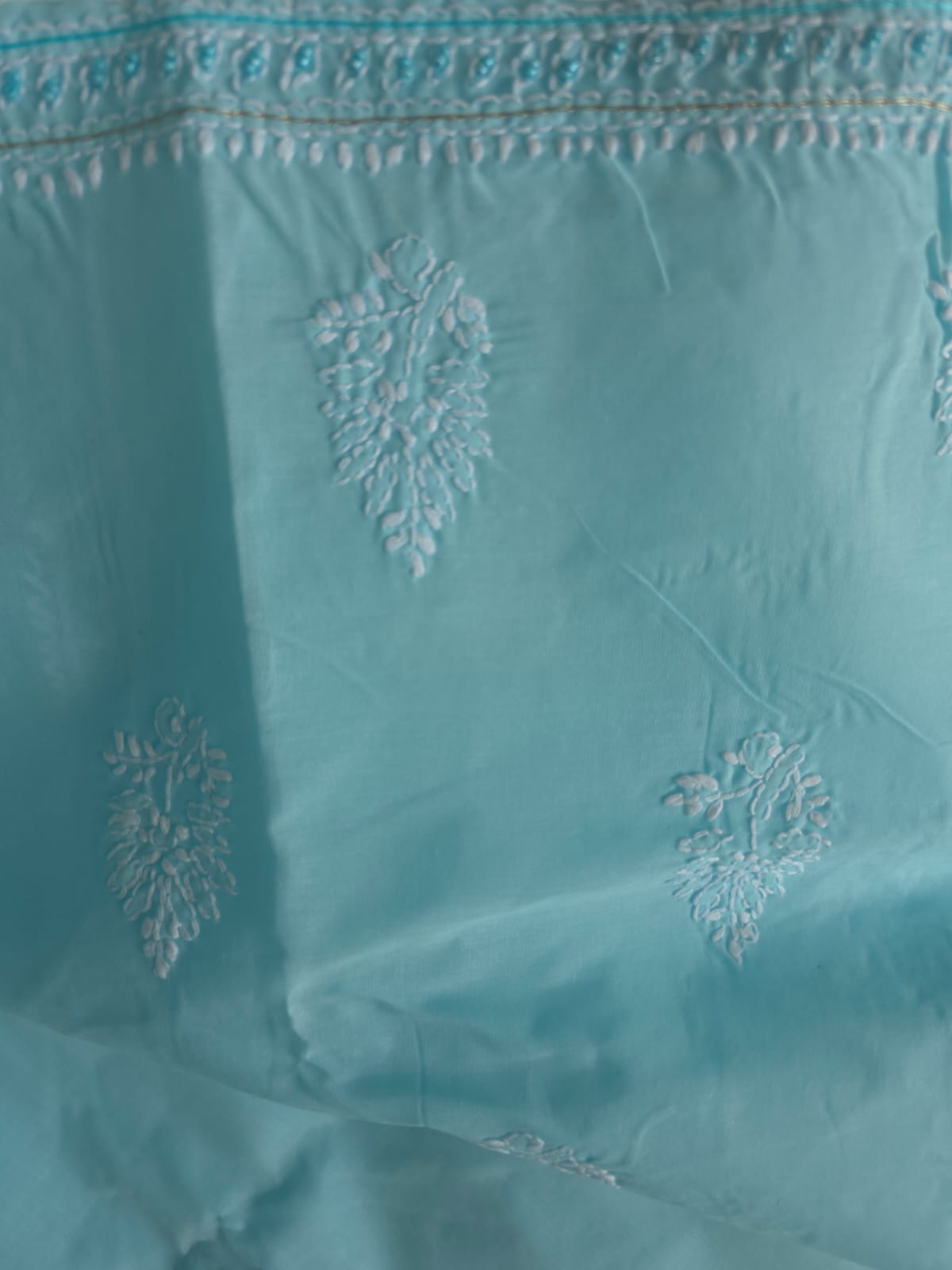 Sky Blue cotton unstitched full suit with chikankari and aari work
