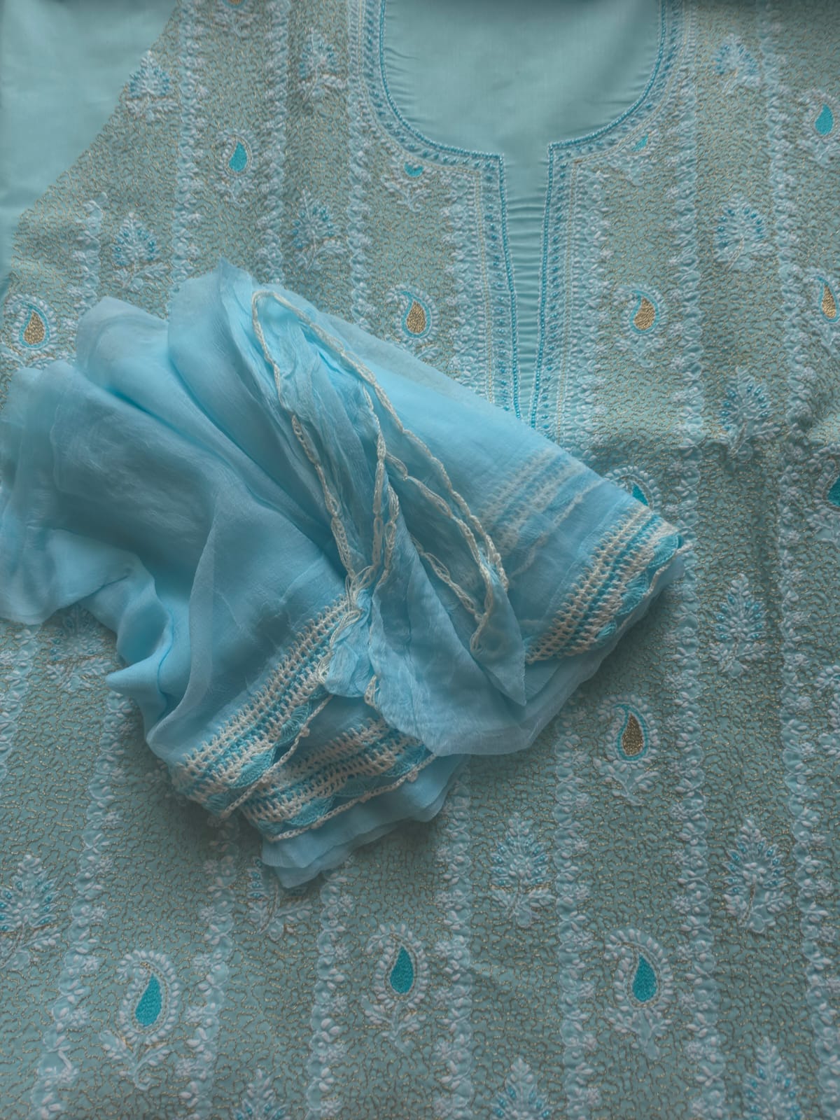 Sky Blue cotton unstitched full suit with chikankari and aari work