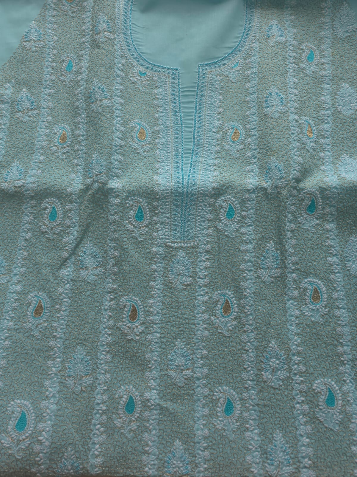 Sky Blue cotton unstitched full suit with chikankari and aari work