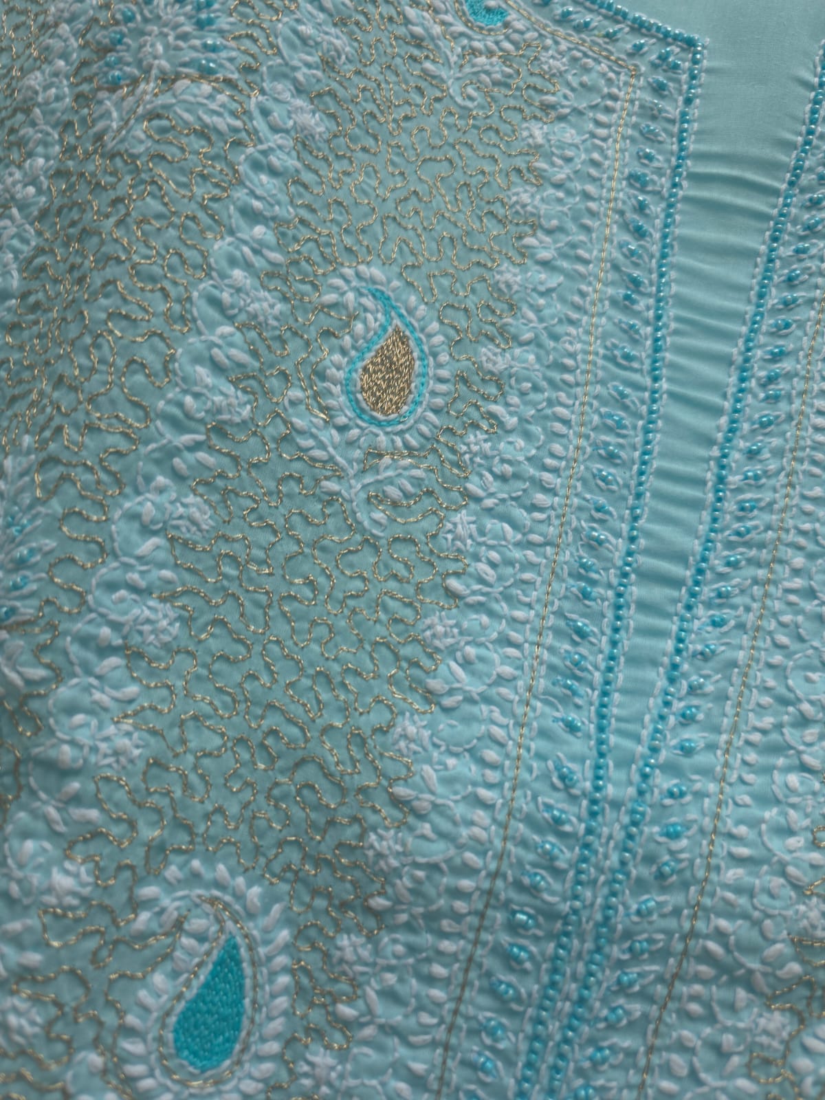 Sky Blue cotton unstitched full suit with chikankari and aari work