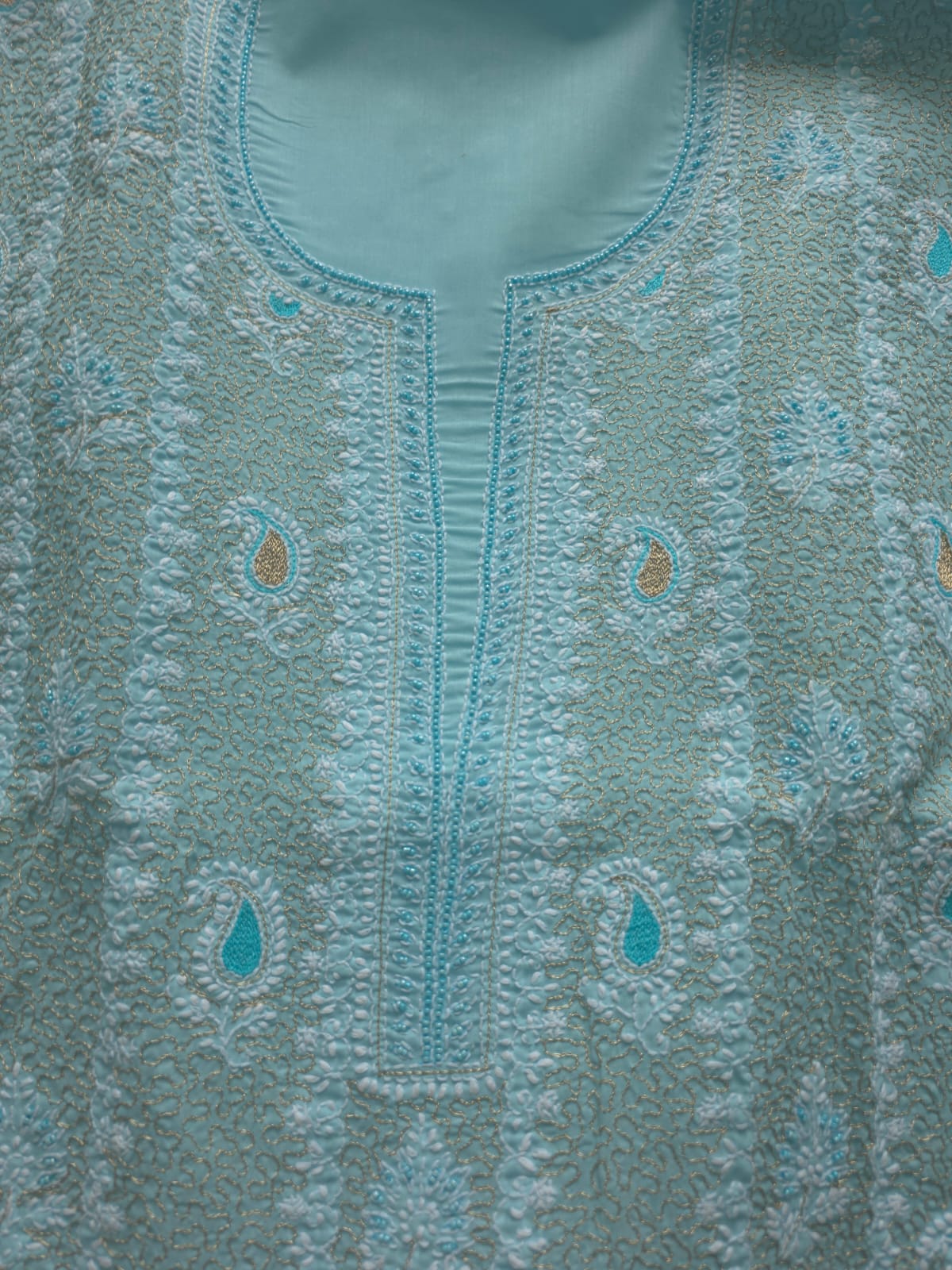 Sky Blue cotton unstitched full suit with chikankari and aari work