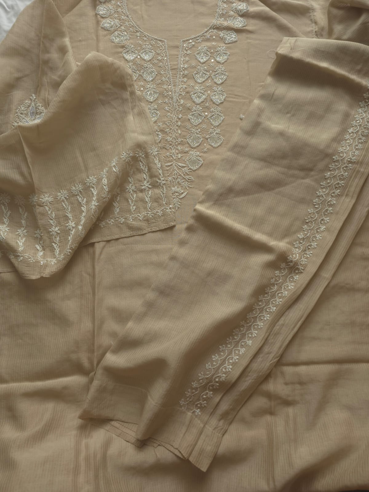 Hazelnut Beige color Maheshwari chanderi Semi stithced Co ord set with chikankari and embellishments