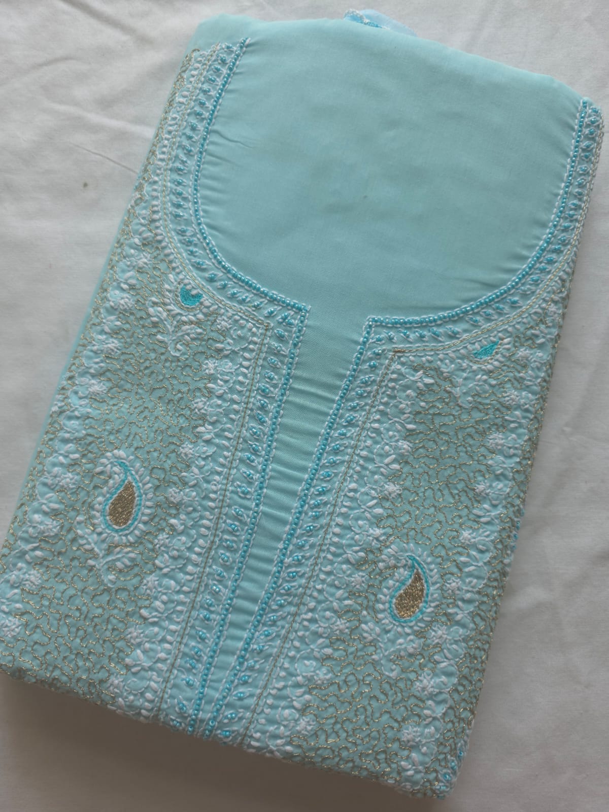 Sky Blue cotton unstitched full suit with chikankari and aari work