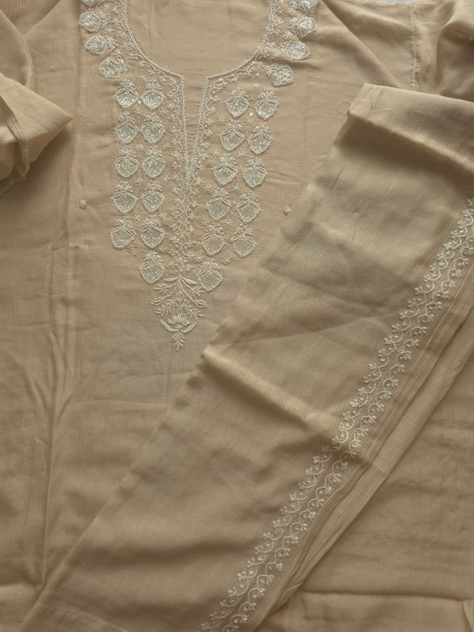 Hazelnut Beige color Maheshwari chanderi Semi stithced Co ord set with chikankari and embellishments