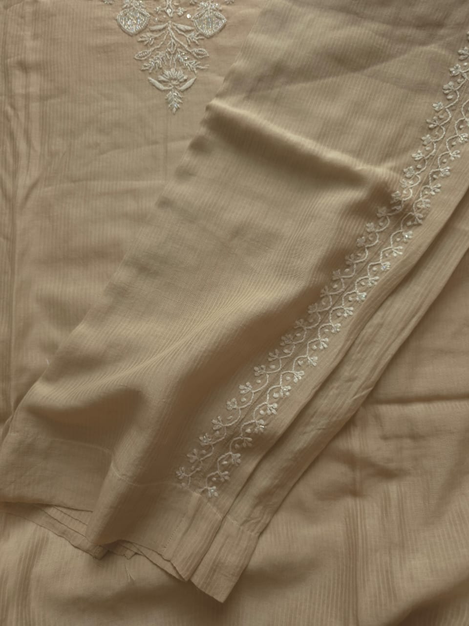 Hazelnut Beige color Maheshwari chanderi Semi stithced Co ord set with chikankari and embellishments