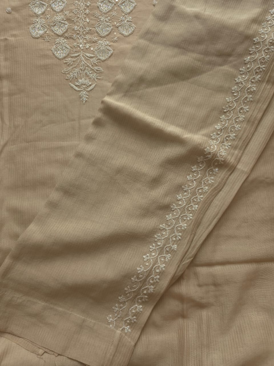 Hazelnut Beige color Maheshwari chanderi Semi stithced Co ord set with chikankari and embellishments