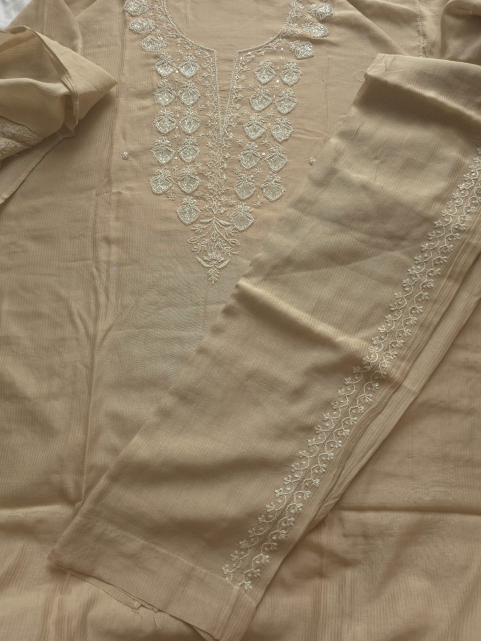 Hazelnut Beige color Maheshwari chanderi Semi stithced Co ord set with chikankari and embellishments