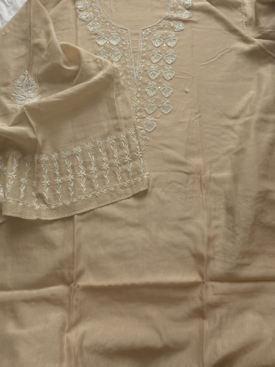 Hazelnut Beige color Maheshwari chanderi Semi stithced Co ord set with chikankari and embellishments