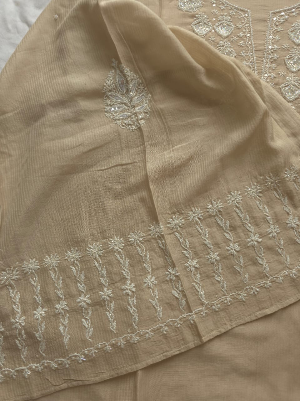 Hazelnut Beige color Maheshwari chanderi Semi stithced Co ord set with chikankari and embellishments