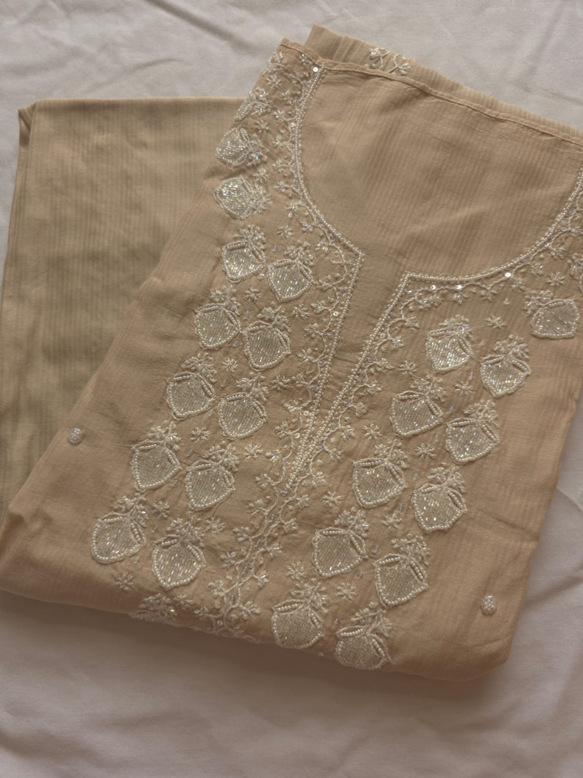 Hazelnut Beige color Maheshwari chanderi Semi stithced Co ord set with chikankari and embellishments
