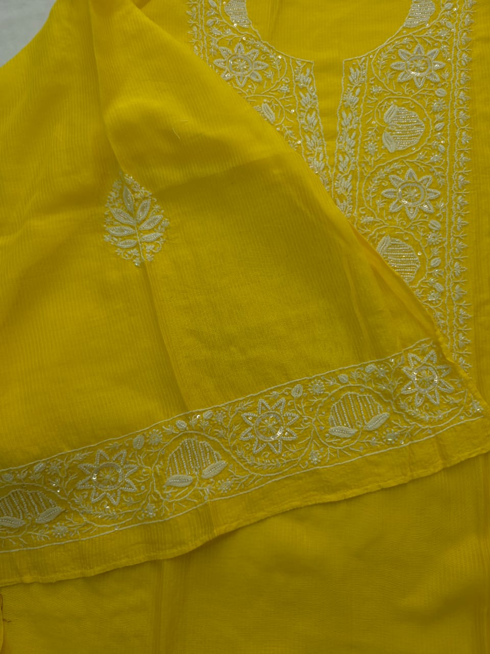 Yellow Maheshwari chanderi Co ord set with chikankari and embellishments
