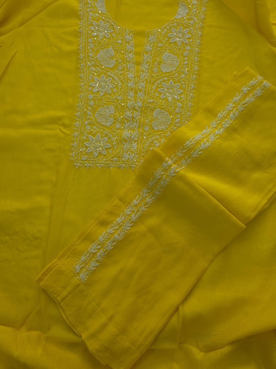 Yellow Maheshwari chanderi Co ord set with chikankari and embellishments
