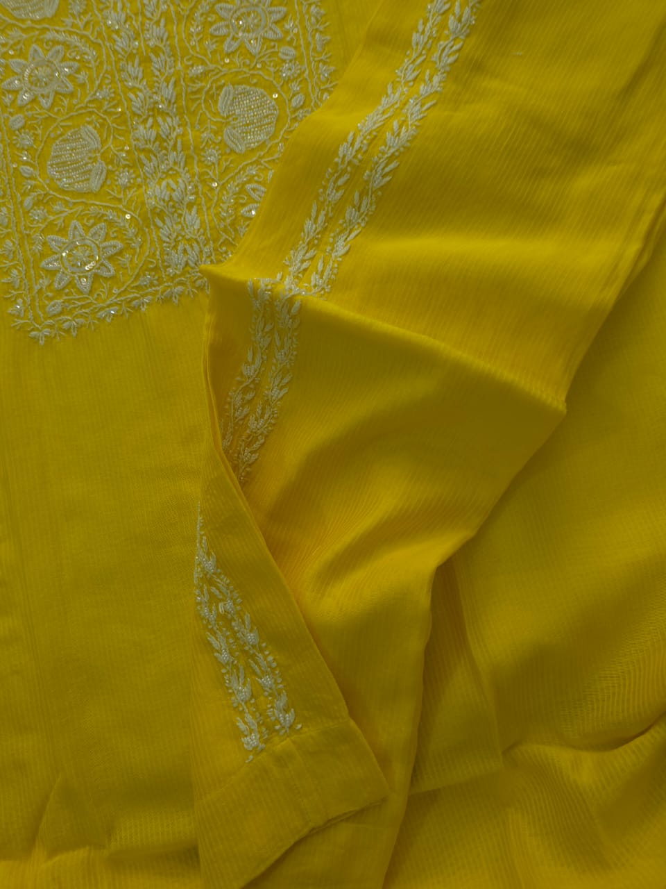 Yellow Maheshwari chanderi Co ord set with chikankari and embellishments