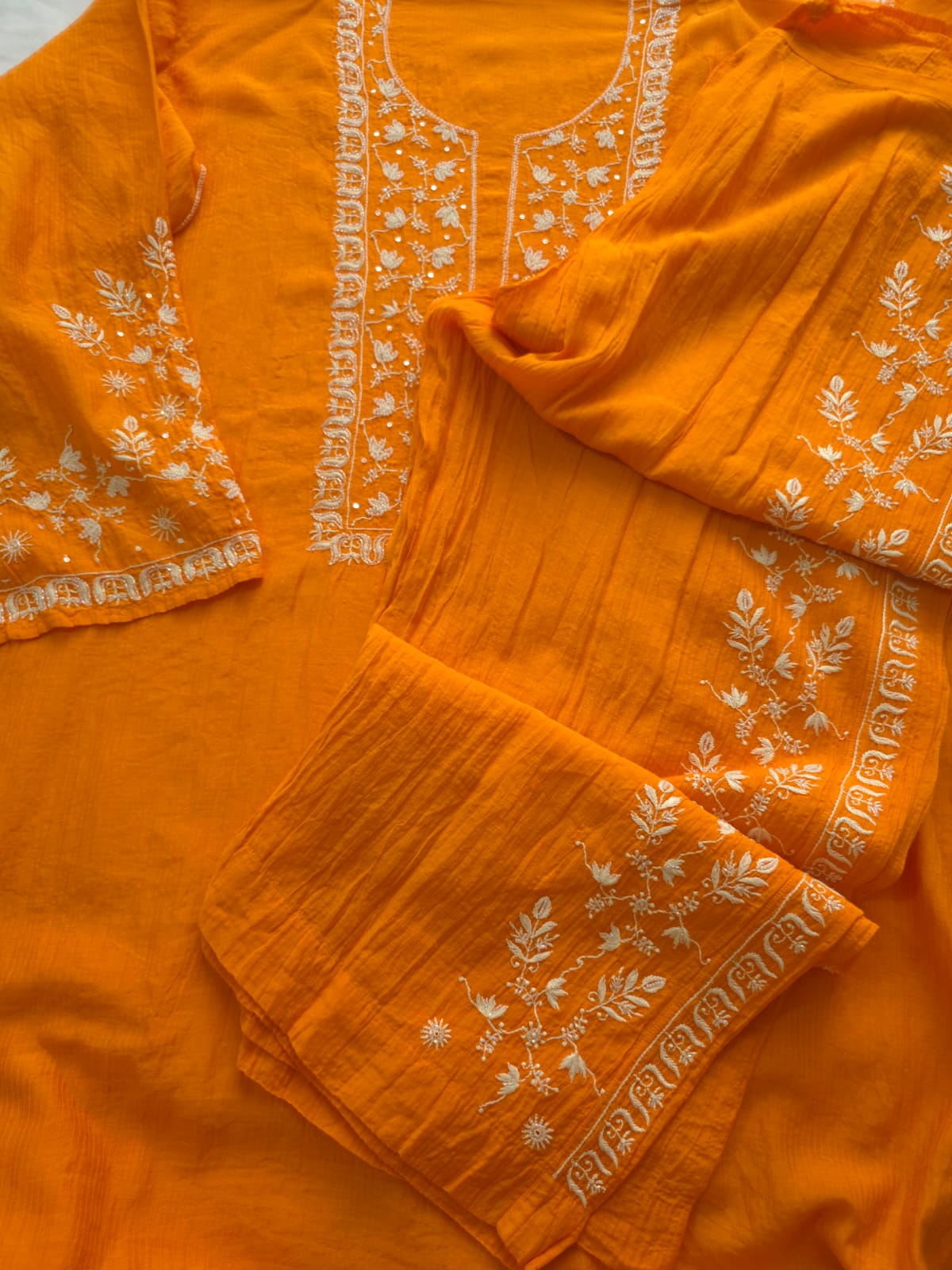 Orange Maheshwari chanderi Semistitched Co ord set with chikankari and embellishments