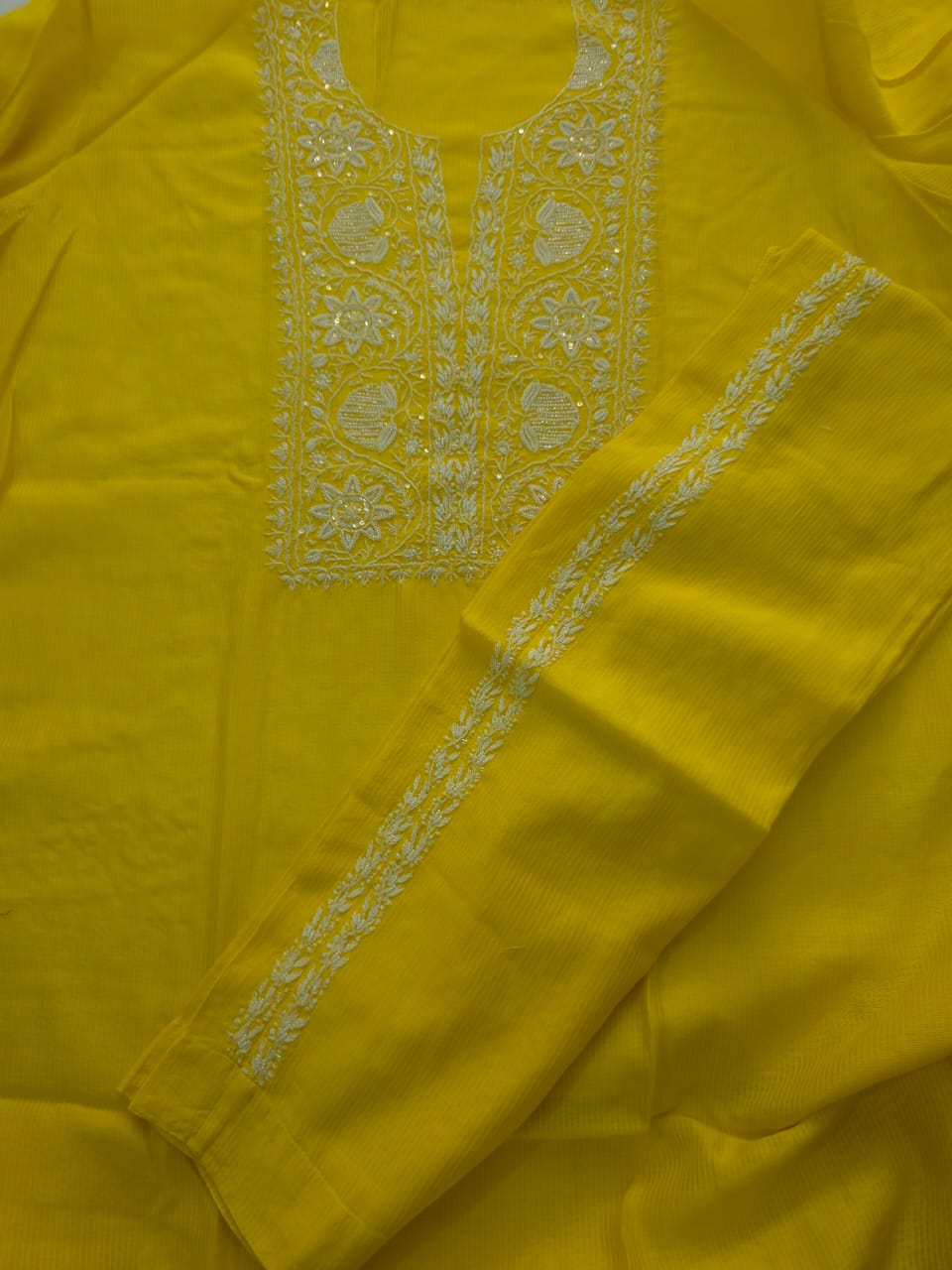 Yellow Maheshwari chanderi Co ord set with chikankari and embellishments