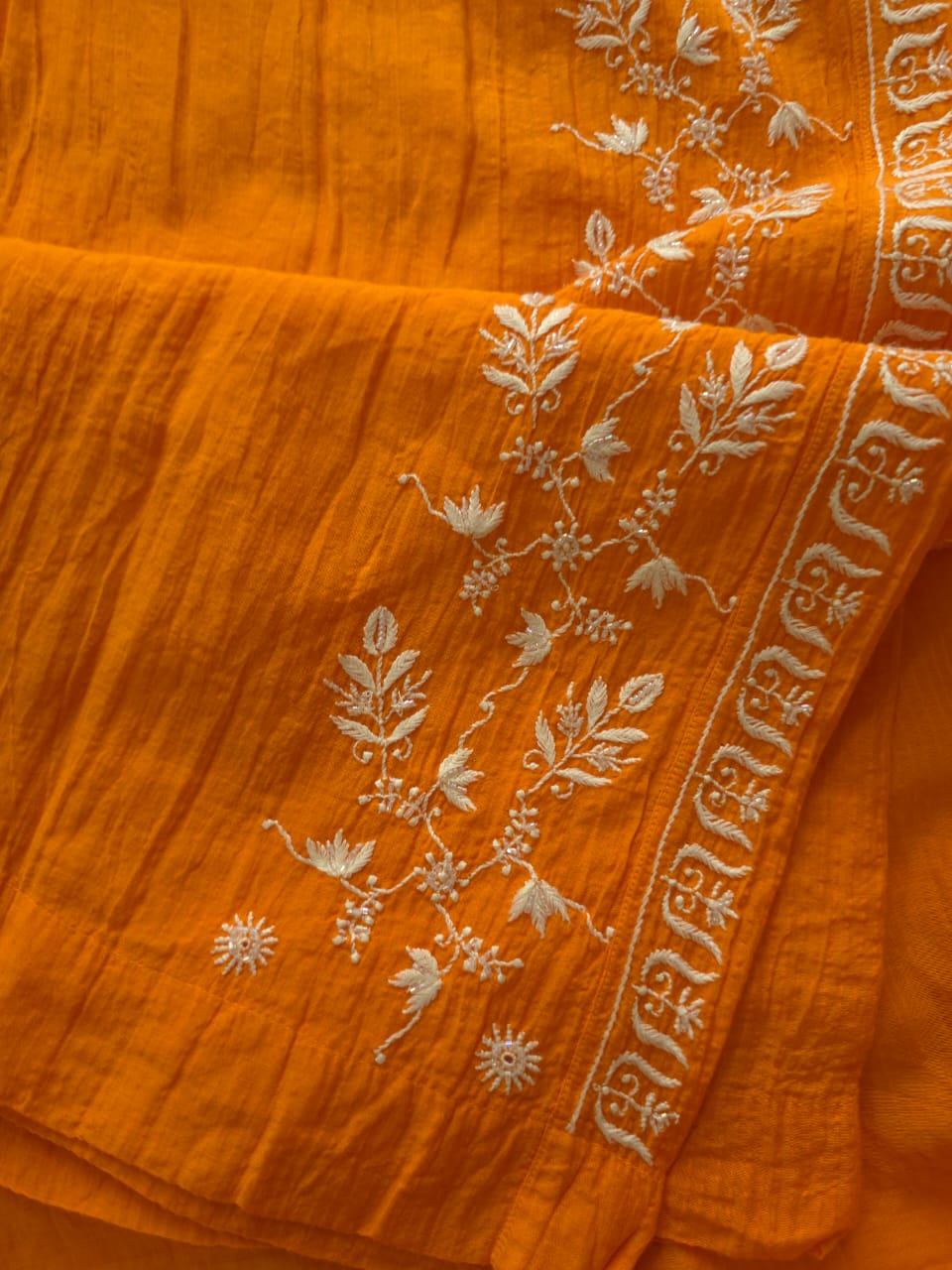 Orange Maheshwari chanderi Semistitched Co ord set with chikankari and embellishments