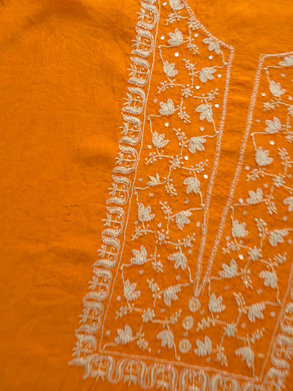 Orange Maheshwari chanderi Semistitched Co ord set with chikankari and embellishments