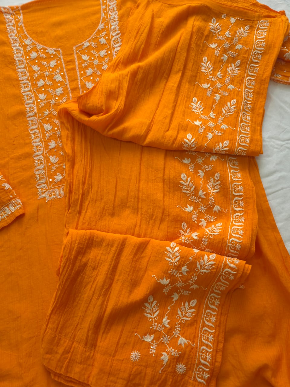 Orange Maheshwari chanderi Semistitched Co ord set with chikankari and embellishments