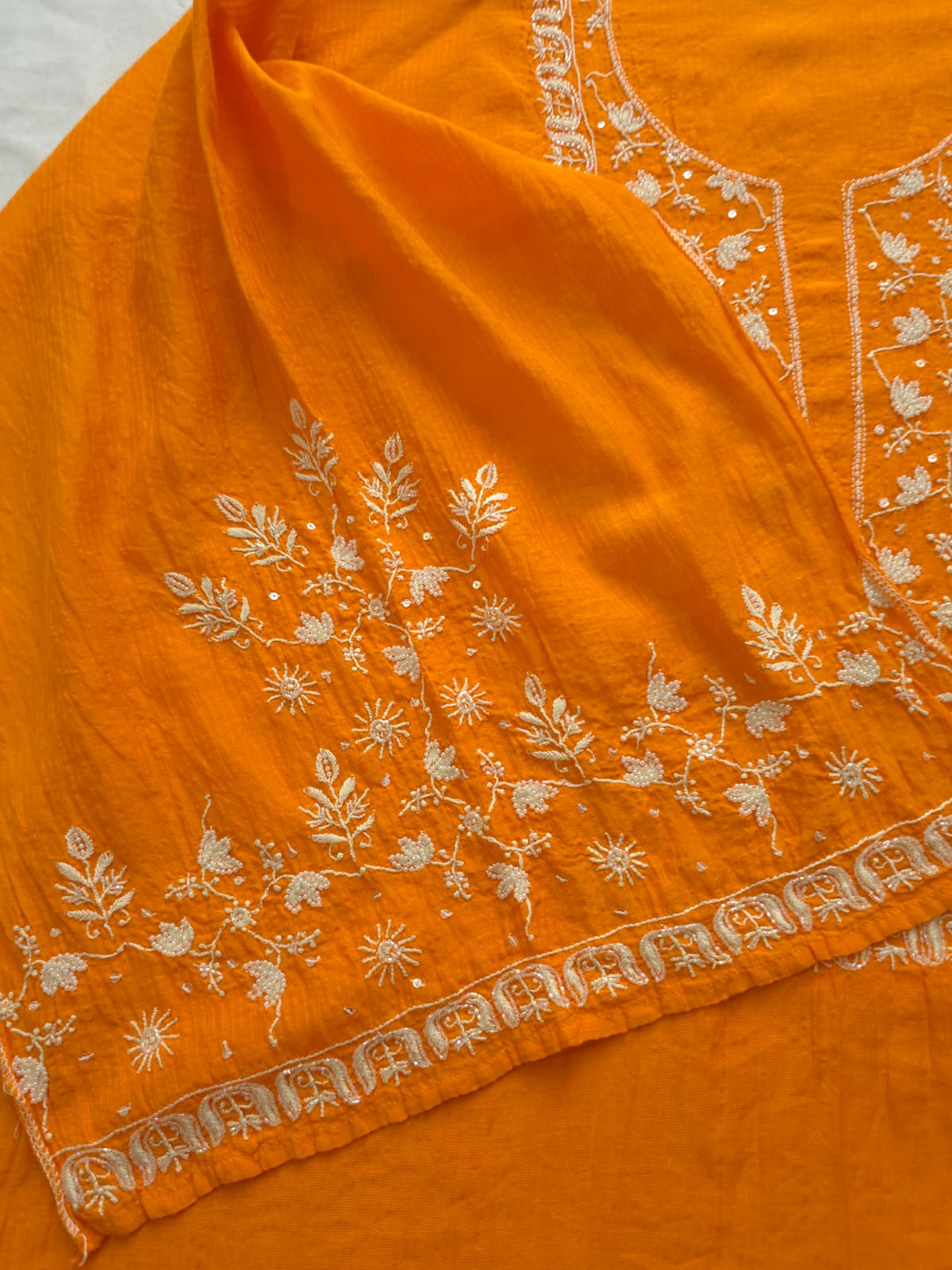 Orange Maheshwari chanderi Semistitched Co ord set with chikankari and embellishments