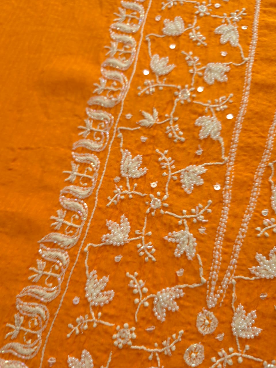 Orange Maheshwari chanderi Semistitched Co ord set with chikankari and embellishments