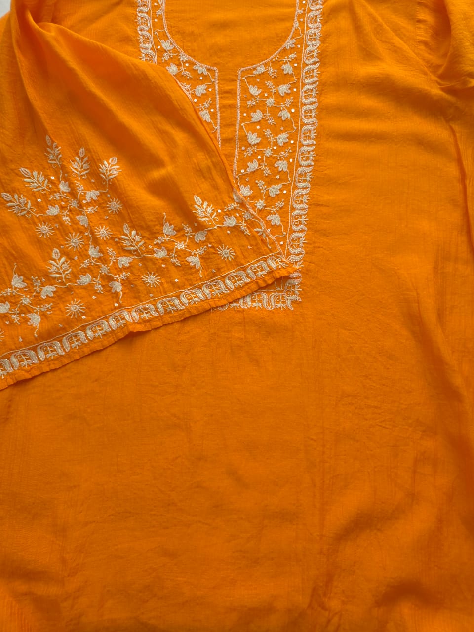 Orange Maheshwari chanderi Semistitched Co ord set with chikankari and embellishments