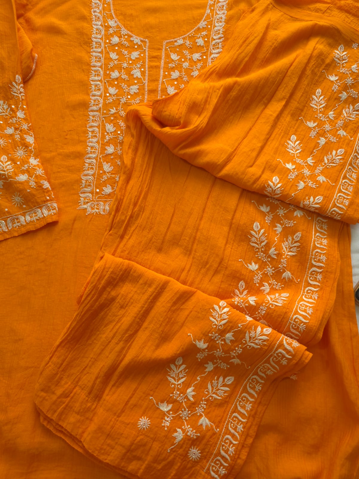 Orange Maheshwari chanderi Semistitched Co ord set with chikankari and embellishments