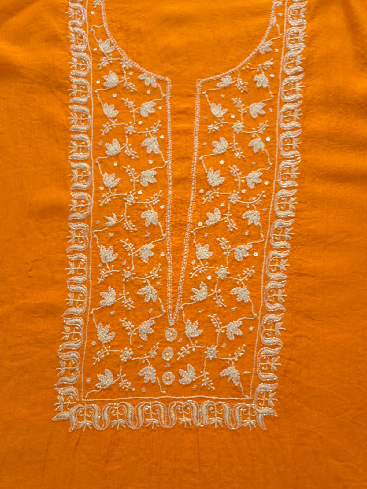 Orange Maheshwari chanderi Semistitched Co ord set with chikankari and embellishments