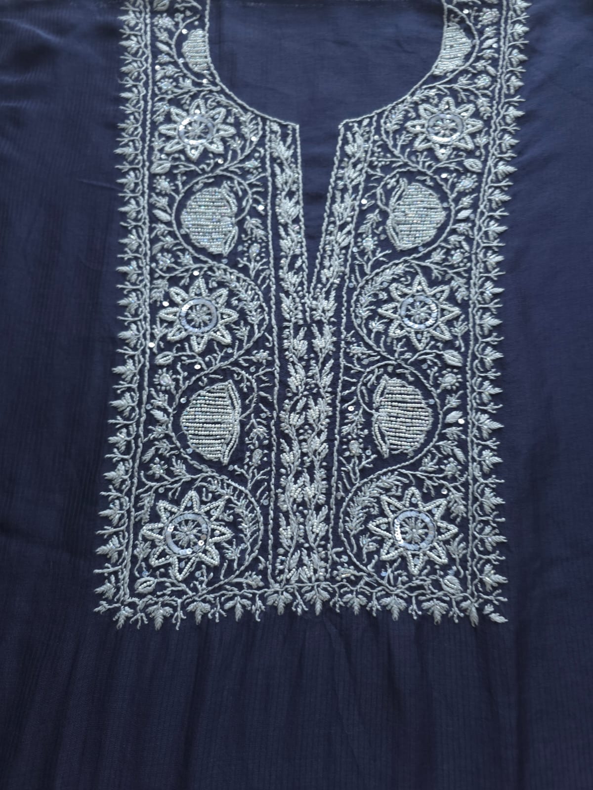 Navy Blue Maheshwari chanderi Co ord set with Chikankari and embellishments