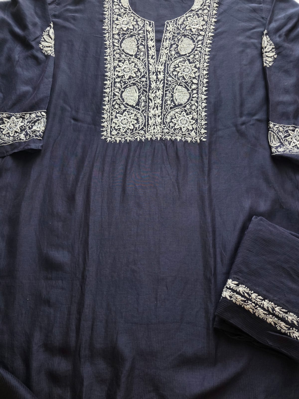 Navy Blue Maheshwari chanderi Co ord set with Chikankari and embellishments