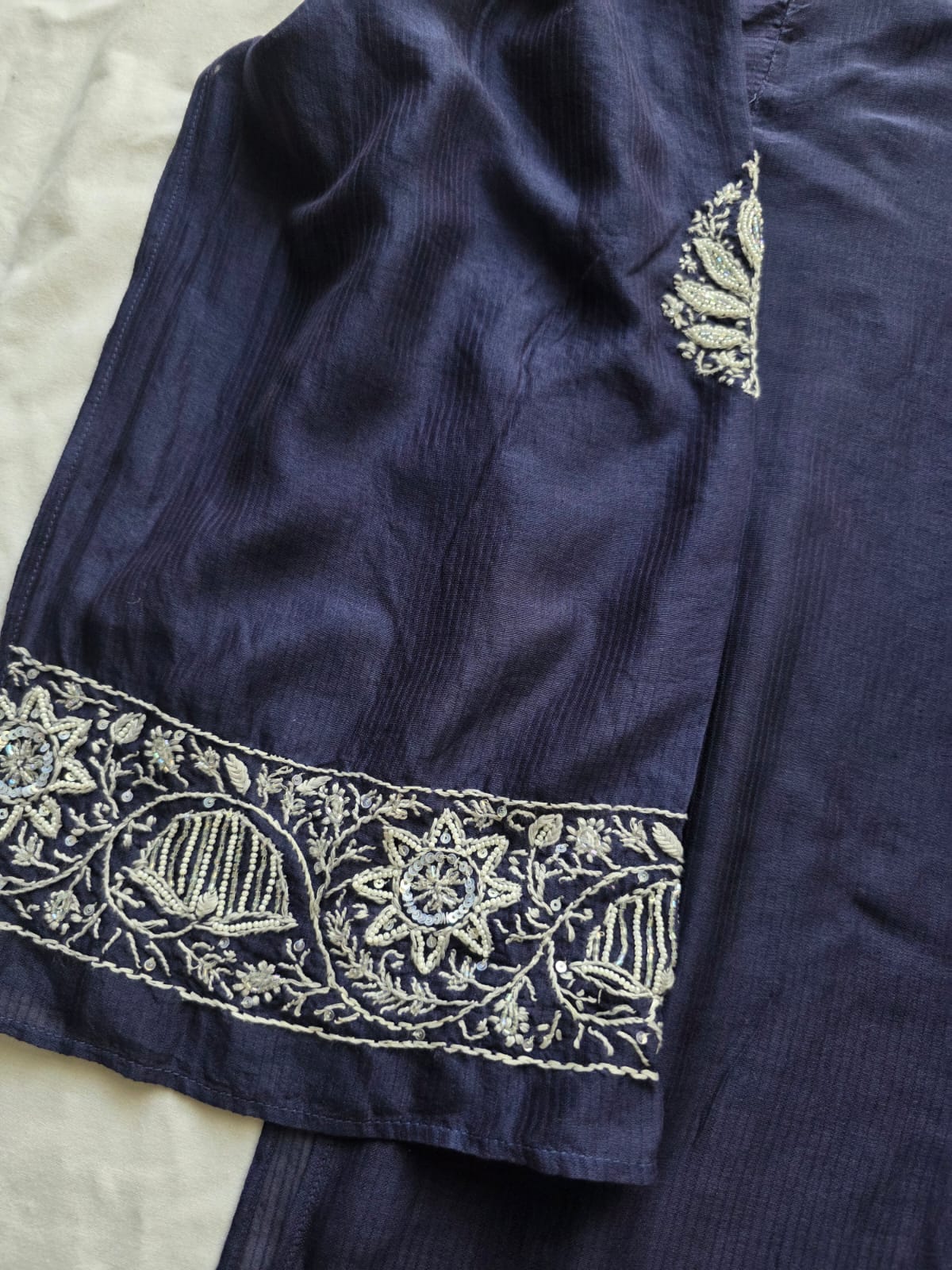 Navy Blue Maheshwari chanderi Co ord set with Chikankari and embellishments