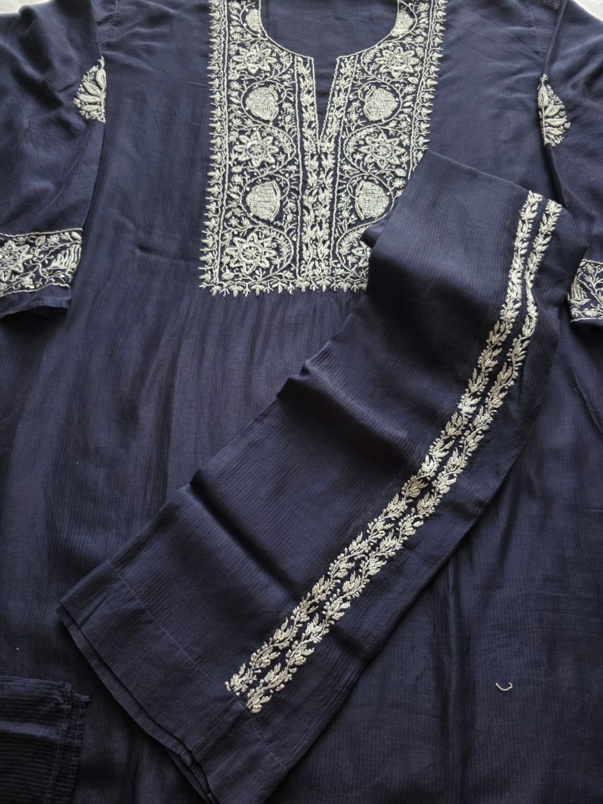 Navy Blue Maheshwari chanderi Co ord set with Chikankari and embellishments