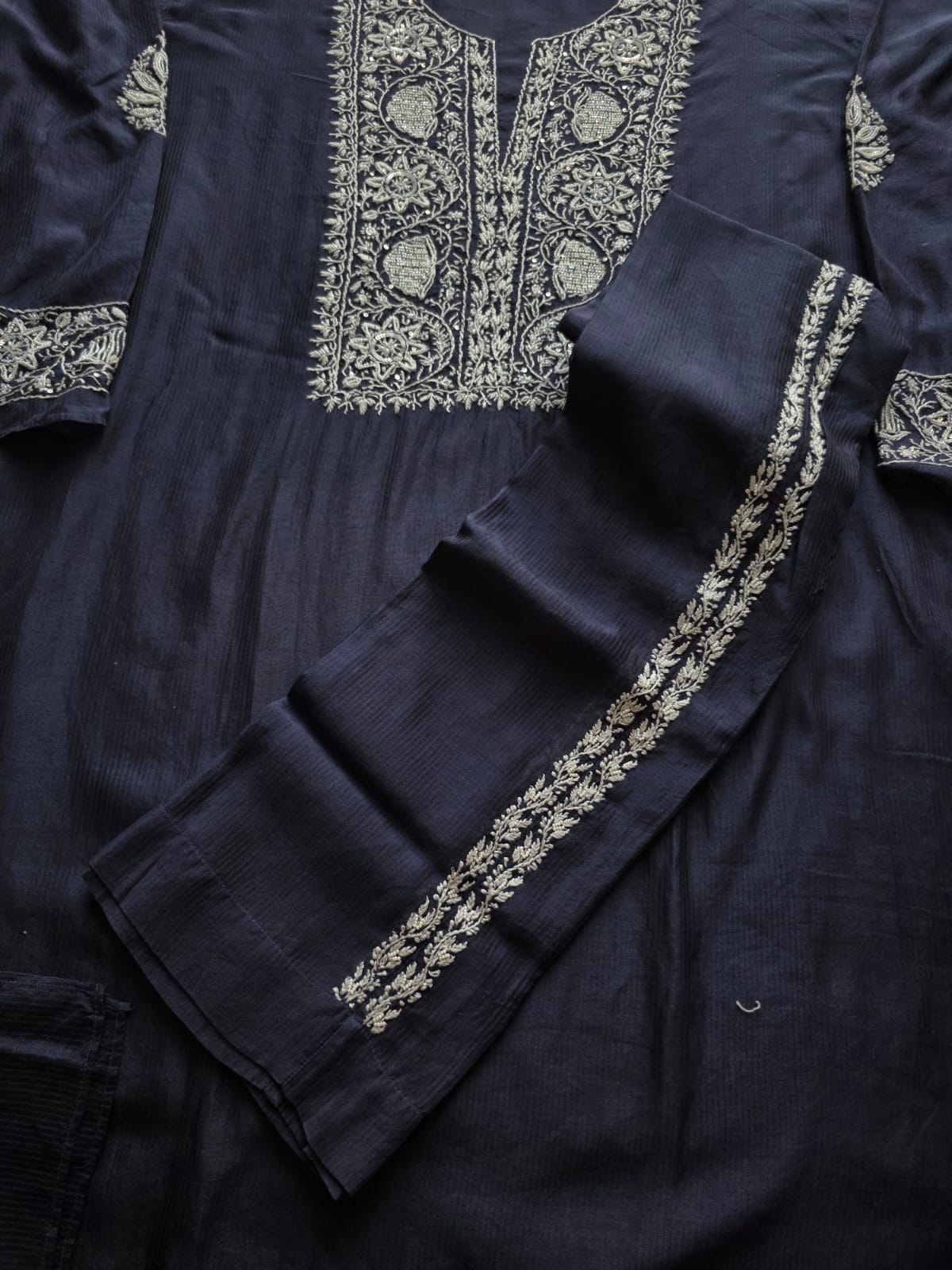 Navy Blue Maheshwari chanderi Co ord set with Chikankari and embellishments