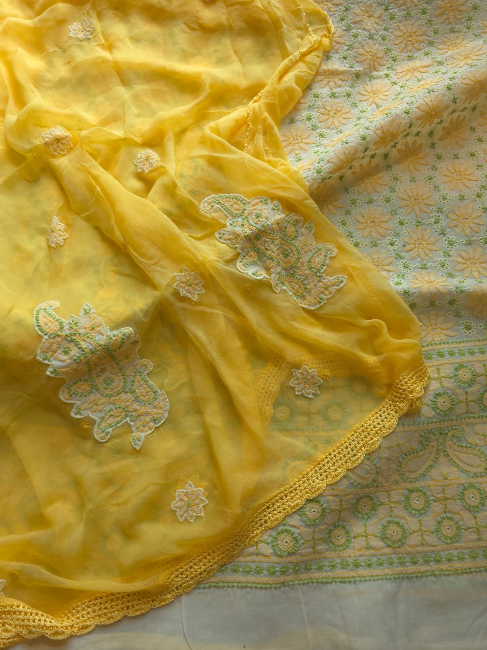 Light Dark yellow combination cotton suit with Handwork designer dupatta