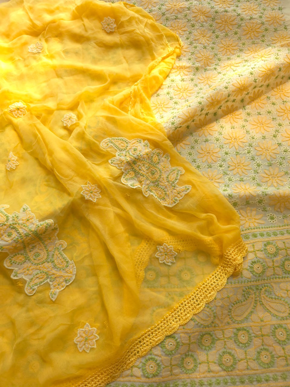 Light Dark yellow combination cotton suit with Handwork designer dupatta