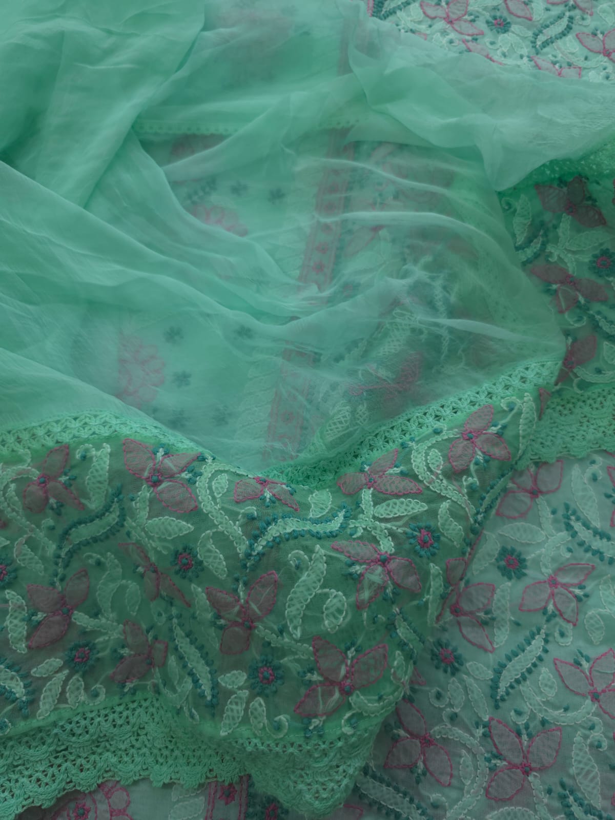 Green cotton full set with fine handwork and designer dupatta