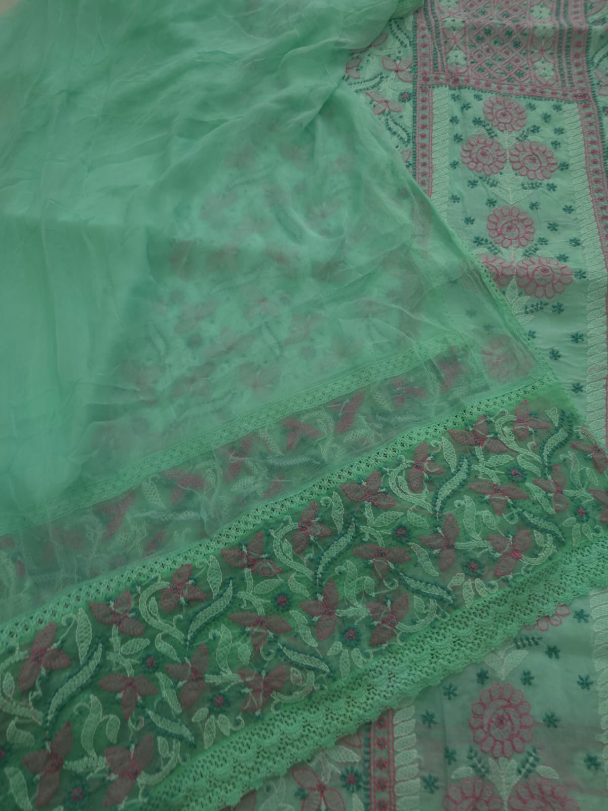 Green cotton full set with fine handwork and designer dupatta
