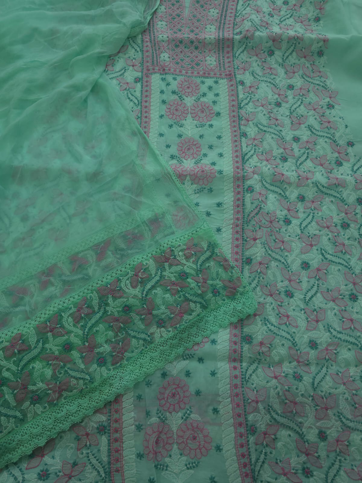 Green cotton full set with fine handwork and designer dupatta