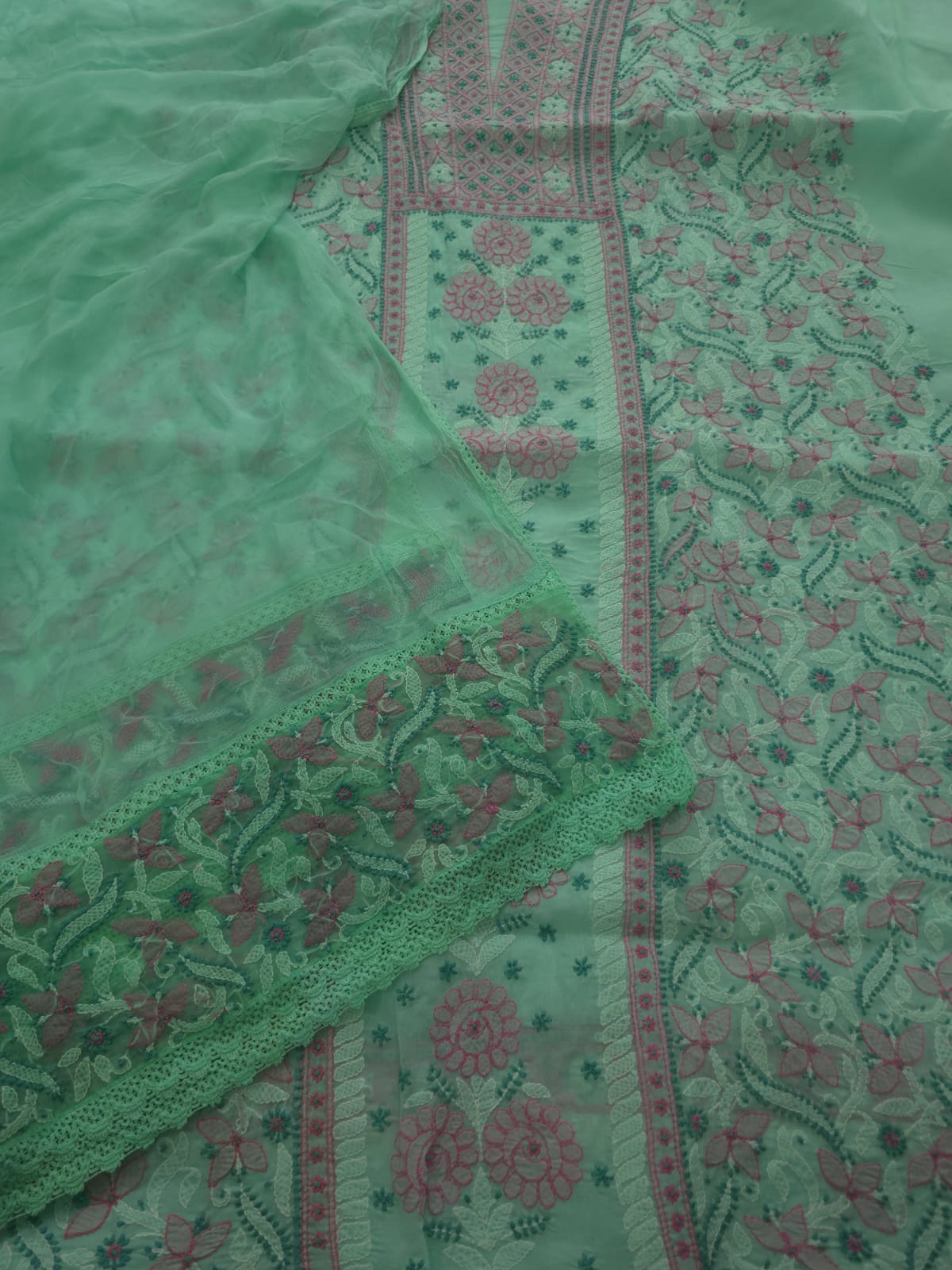 Green cotton full set with fine handwork and designer dupatta
