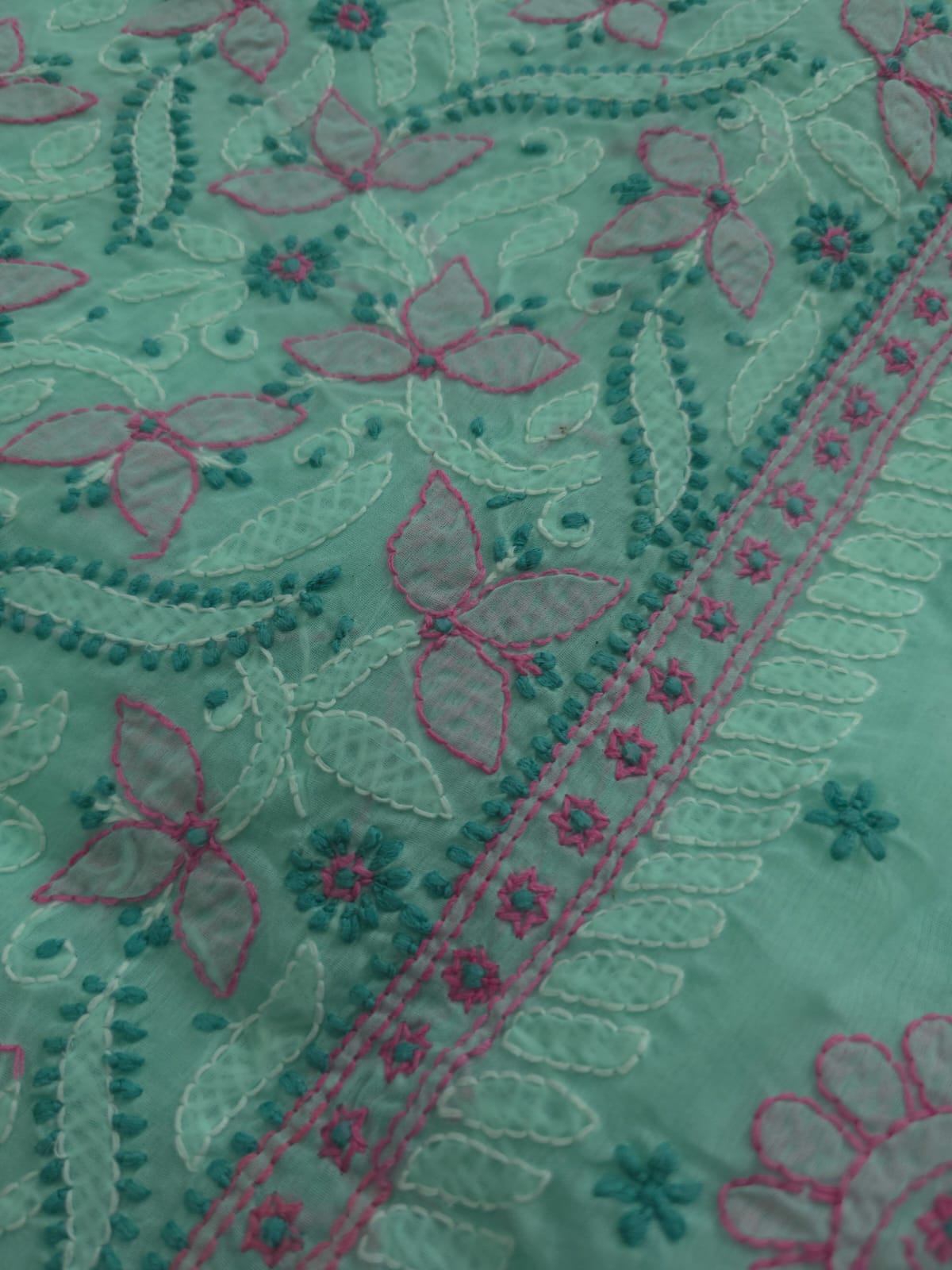 Green cotton full set with fine handwork and designer dupatta